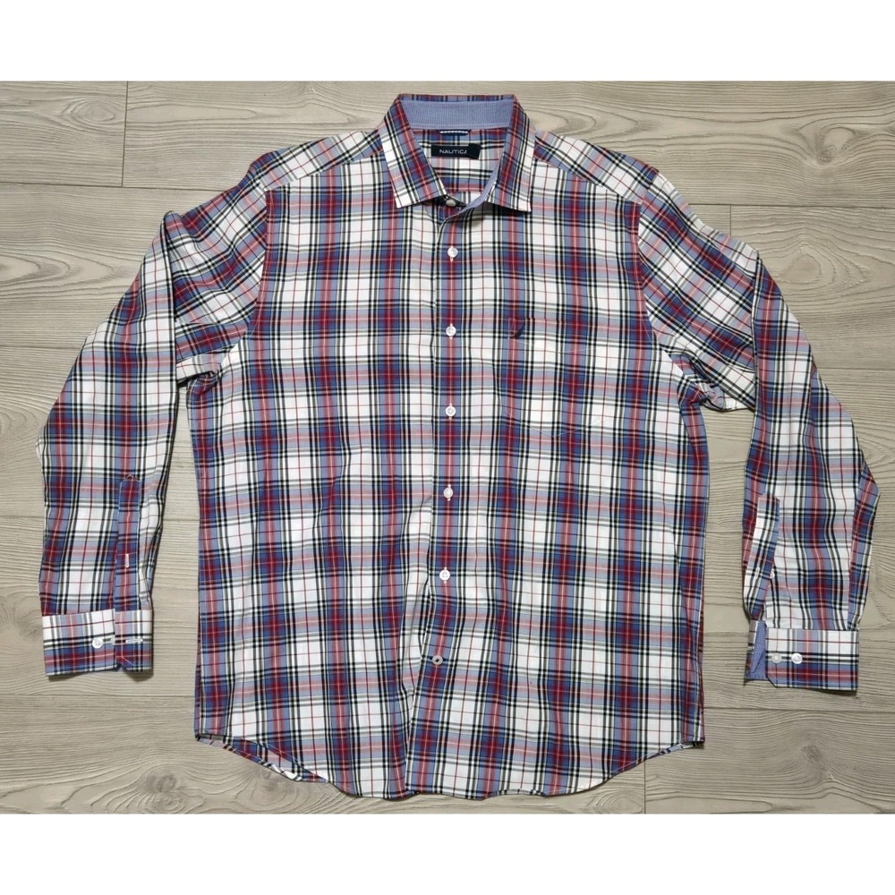 Nautica Shirt Mens Large Button Up Long Sleeve Red White Blue Plaid Dress